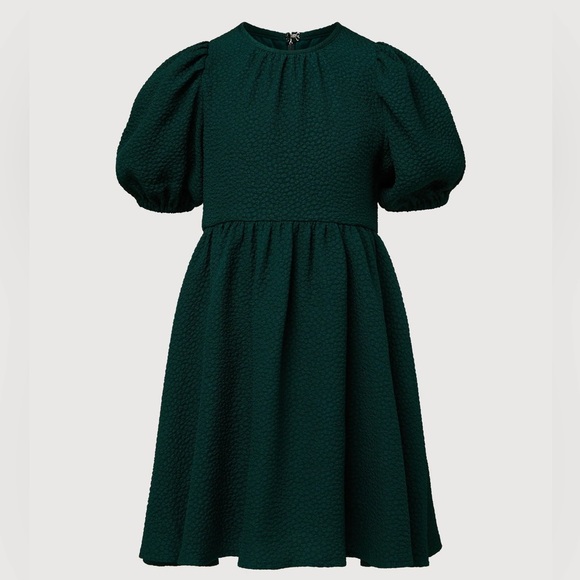 NWT Rachel Parcell Jaquard girls Puff Sleeve Dress in Dark Emerald Green - Picture 2 of 5